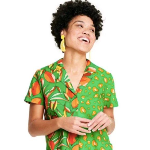 Tabitha Brown × Target orange leopard and green print button down shirt  - Picture 1 of 5